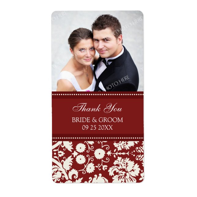 Red Damask Photo Wedding Labels (Front)