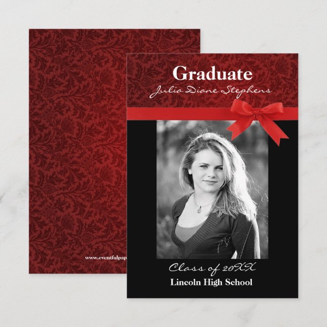 Red Damask & Red Bow - 3x5 Graduation Announcement (Front/Back)