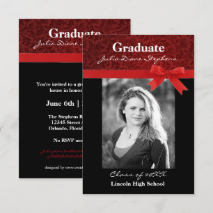 Red Damask & Red Bow - 3x5 Graduation Announcement