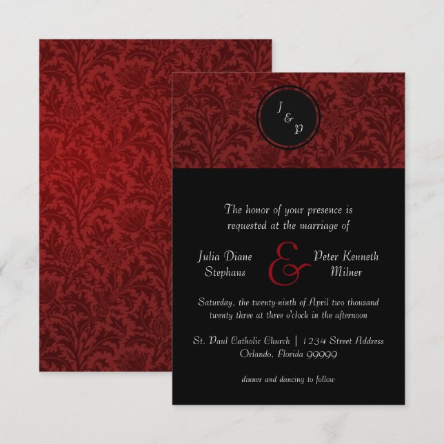 Red Damask & Red Bow - 3x5 Wedding Invitation (Front/Back)