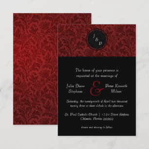 Red Damask & Red Bow - 3x5 Wedding Invitation