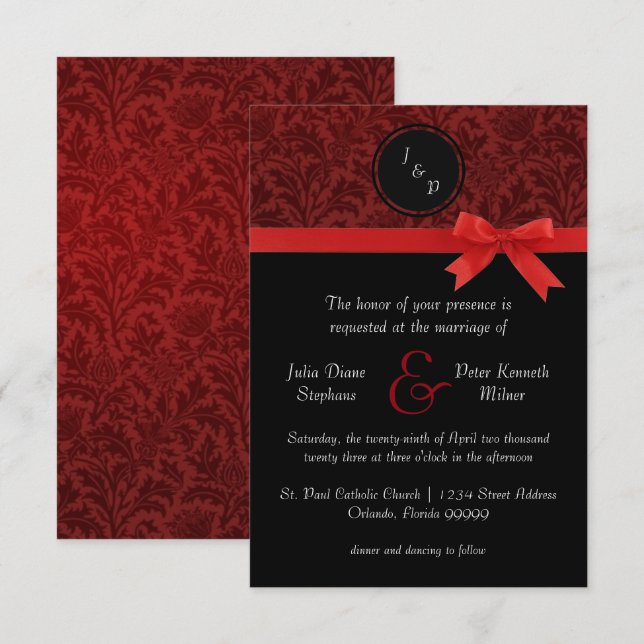 Red Damask & Red Bow - 3x5 Wedding Invitation (Front/Back)