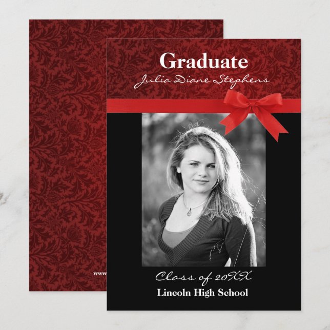 Red Damask & Red Bow - Graduation Announcement (Front/Back)
