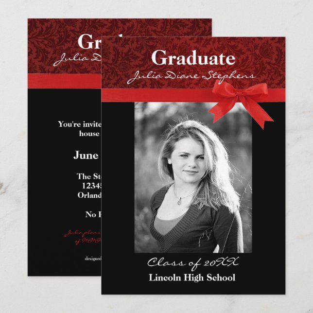 Red Damask & Red Bow - Graduation Announcement (Front/Back)
