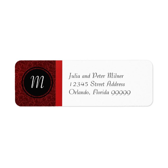 Red Damask & Red Bow Monogram-Return Address Label (Front)