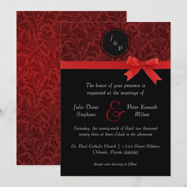 Red Damask & Red Bow - Wedding Invitation (Front/Back)