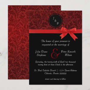 Red Damask & Red Bow - Wedding Invitation