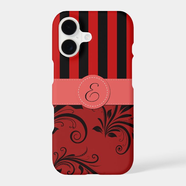 Red Damask, Red Stripes, Striped, Monogram (Back)