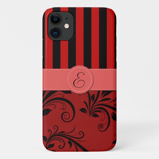 Red Damask, Red Stripes, Striped, Monogram Case-Mate iPhone Case (Back)