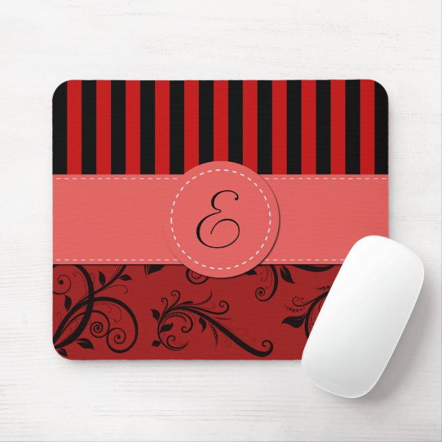 Red Damask, Red Stripes, Striped, Monogram Mouse Mat (With Mouse)