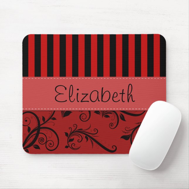 Red Damask, Red Stripes, Striped, Your Name Mouse Mat (With Mouse)