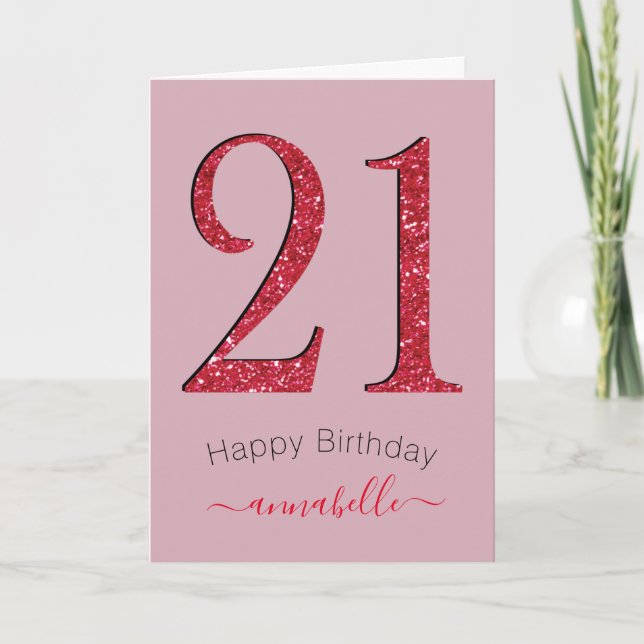 Red & Damask Rose 21 Birthday Card (Front)