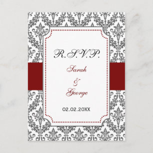 red damask rsvp invitation postcard
