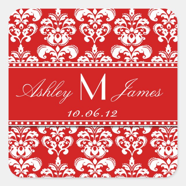 Red Damask Save the Date Stickers (Front)