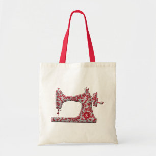 Red Damask Sewing Machine Monogram Tote Bag