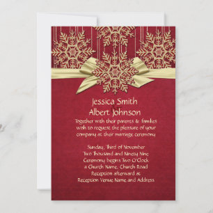 Red Damask Snowflakes Gold Ribbon Wedding Invite