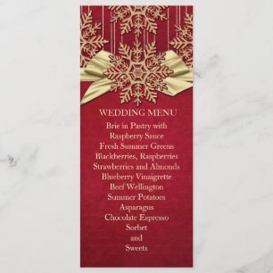 Red Damask Snowflakes Gold Ribbon Wedding Menu