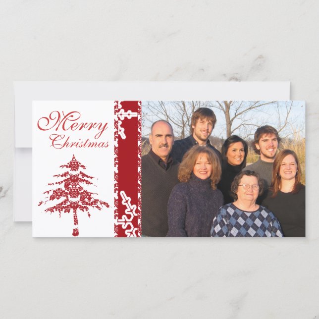 Red Damask Tree & Snowflakes  Merry Christmas Holiday Card (Front)