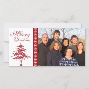Red Damask Tree & Snowflakes  Merry Christmas Holiday Card