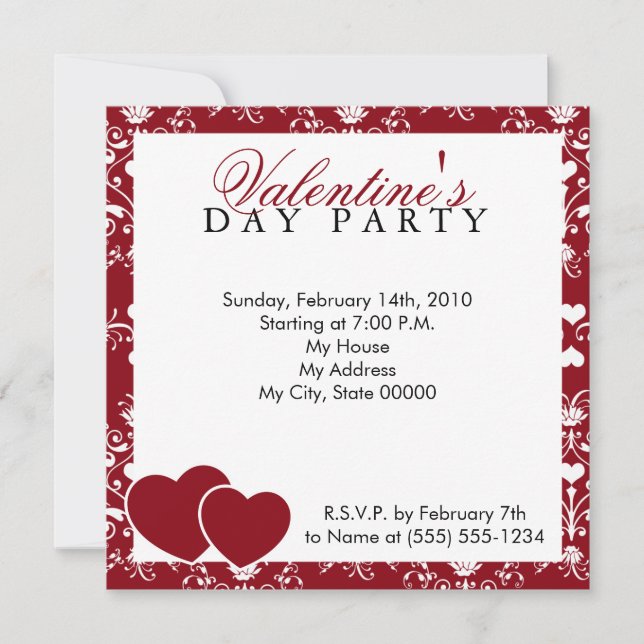 Red Damask Valentines Day Invitation (Front)
