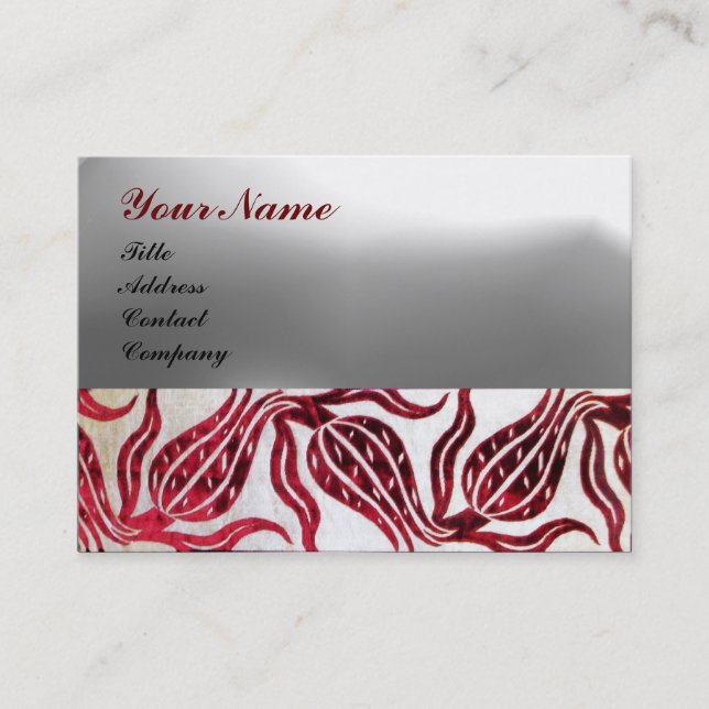RED DAMASK VELVET TULIPS MONOGRAM Burgundy White Business Card (Front)