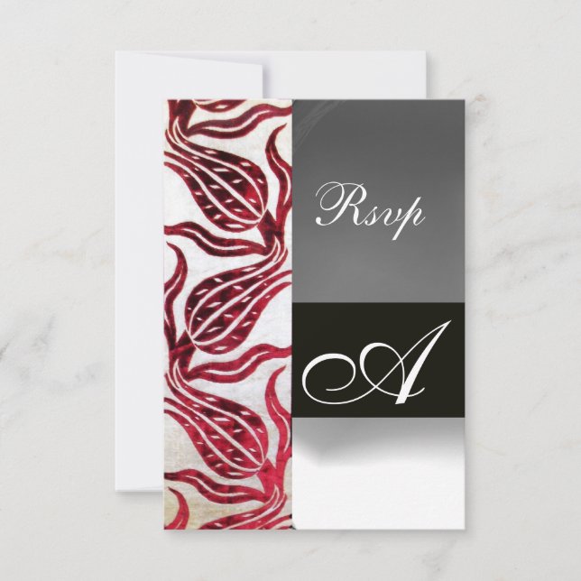 RED DAMASK VELVET TULIPS MONOGRAM Burgundy White RSVP Card (Front)