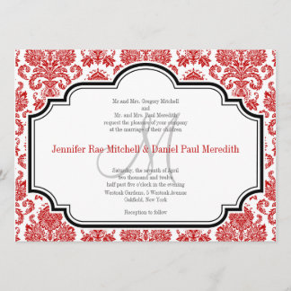 Red Damask Vintage Black White Wedding Invitations