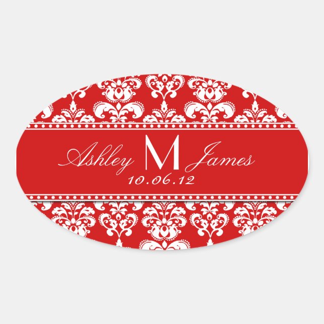 Red Damask Wedding Wine Label Oval (Front)
