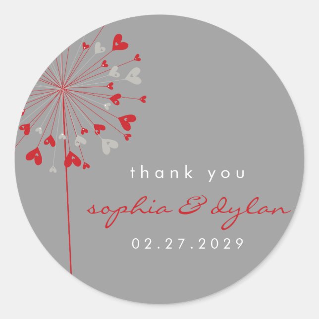Red Dandelion Flower Love Hearts Wedding Party Classic Round Sticker (Front)