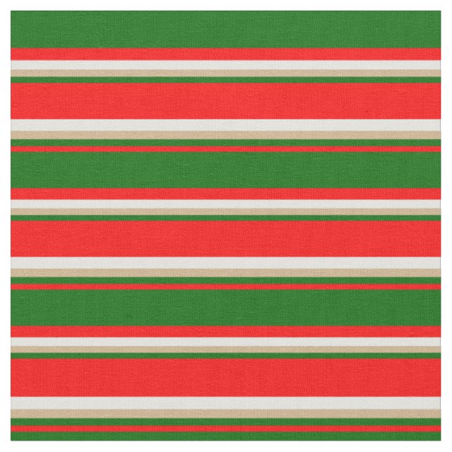Red, Dark Green, Tan & Light Cyan Coloured Lines Fabric (Close Up)