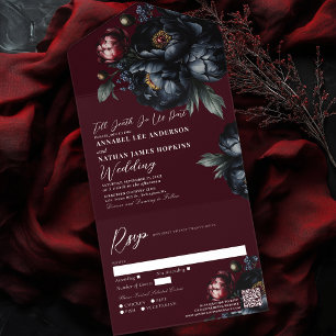 Red Dark Moody Black Peony Gothic Wedding QR Code All In One Invitation