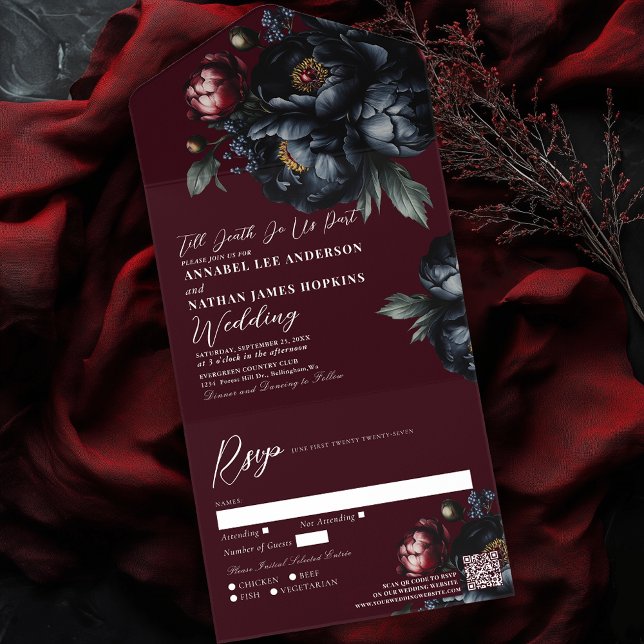 Red Dark Moody Black Peony Gothic Wedding QR Code All In One Invitation (Creator Uploaded)
