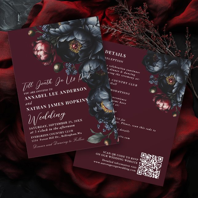 Red Dark Moody Peony Gothic Wedding QR Code Invitation (Creator Uploaded)