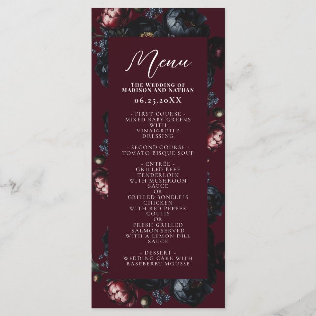 Red Dark Moody Romantic Black Peony Gothic Wedding Menu (Front)