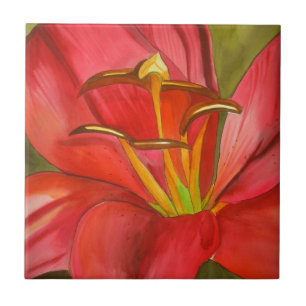 Red day lily original watercolor flower art tile