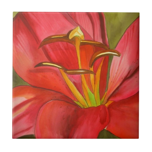 Red day lily original watercolor flower art tile (Front)