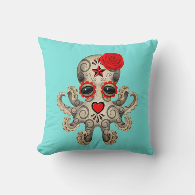 Red Day of the Dead Baby Octopus Cushion (Front)