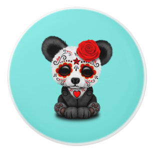 Red Day of the Dead Panda Ceramic Knob