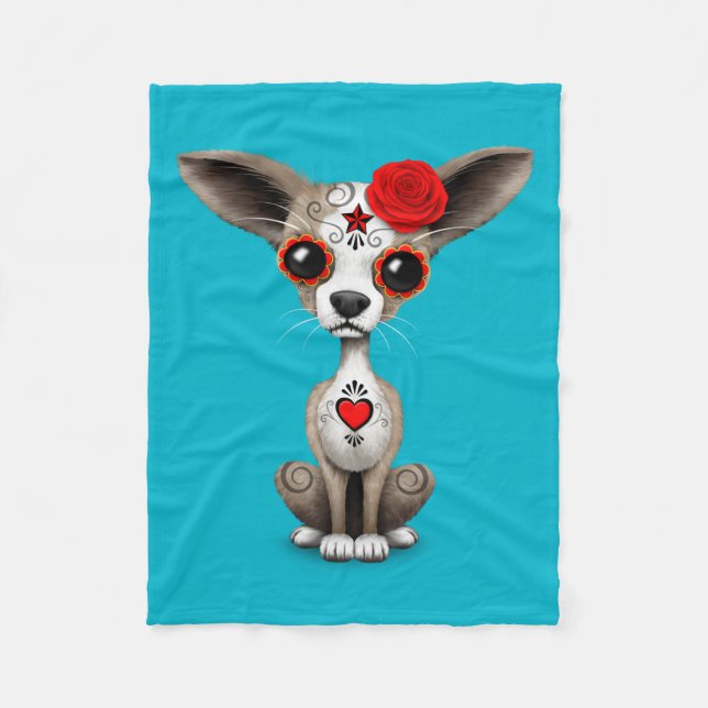 Red Day of the Dead Sugar Skull Chihuahua Puppy Fleece Blanket (Front)