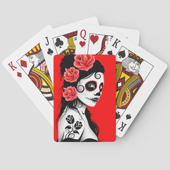Red Day of the Dead Sugar Skull Girl Playing Cards (Back)