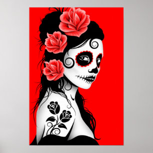 Red Day of the Dead Sugar Skull Girl Poster