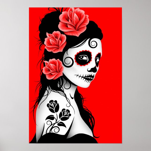 Red Day of the Dead Sugar Skull Girl Poster (Front)