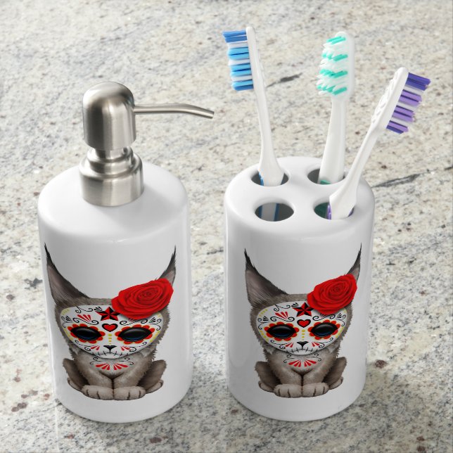 Red Day of the Dead Sugar Skull Lynx Cub Bathroom Set (Front)