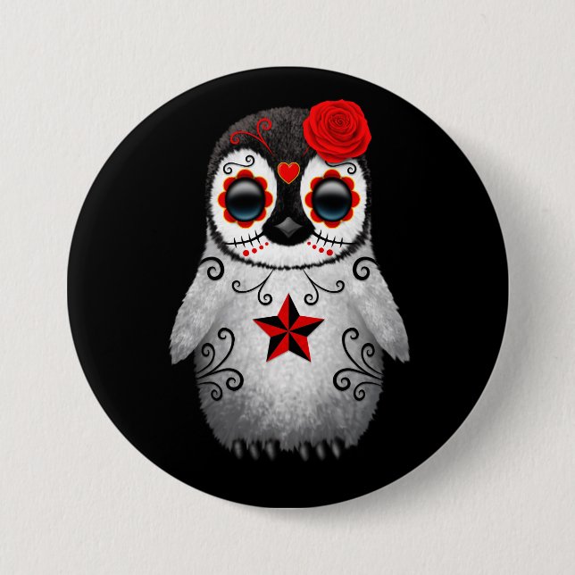 Red Day of the Dead Sugar Skull Penguin Black 7.5 Cm Round Badge (Front)