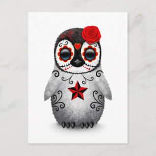 Red Day of the Dead Sugar Skull Penguin White Postcard