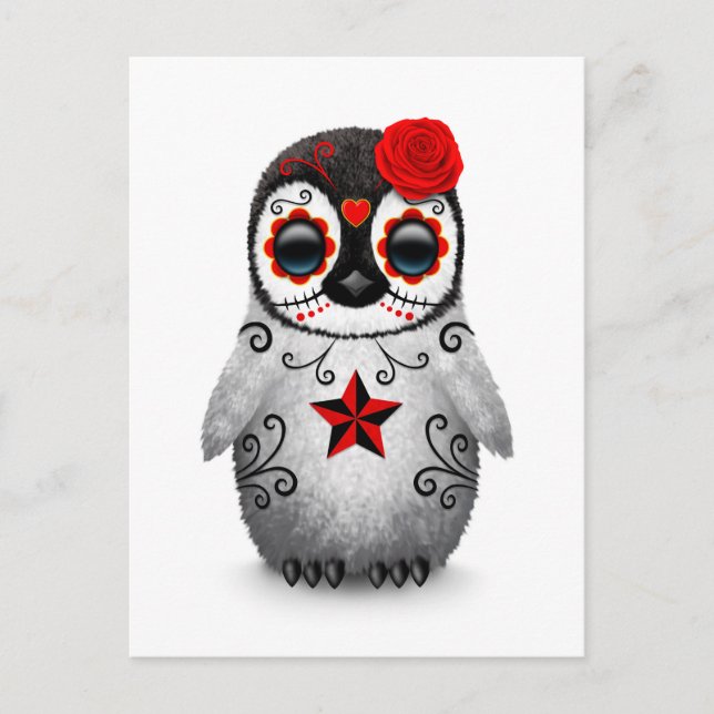 Red Day of the Dead Sugar Skull Penguin White Postcard (Front)