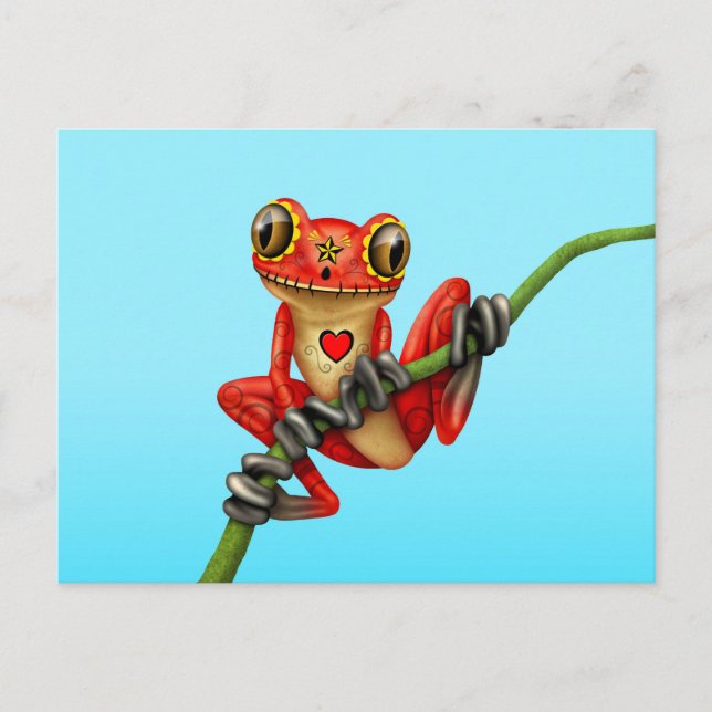 Red Day of the Dead Sugar Skull Tree Frog Postcard (Front)