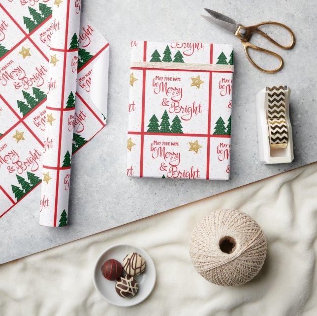 Red Days Be Merry Bright Trees Gold Stars Script Wrapping Paper (Crafts)