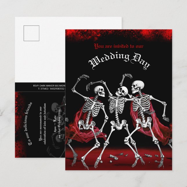 Red Death Dancing Skeletons Gothic Wedding Invitation Postcard (Front/Back)