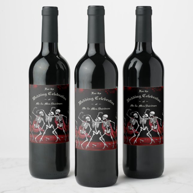 Red Death Dancing Skeletons Gothic Wedding Wine Label (Bottles)